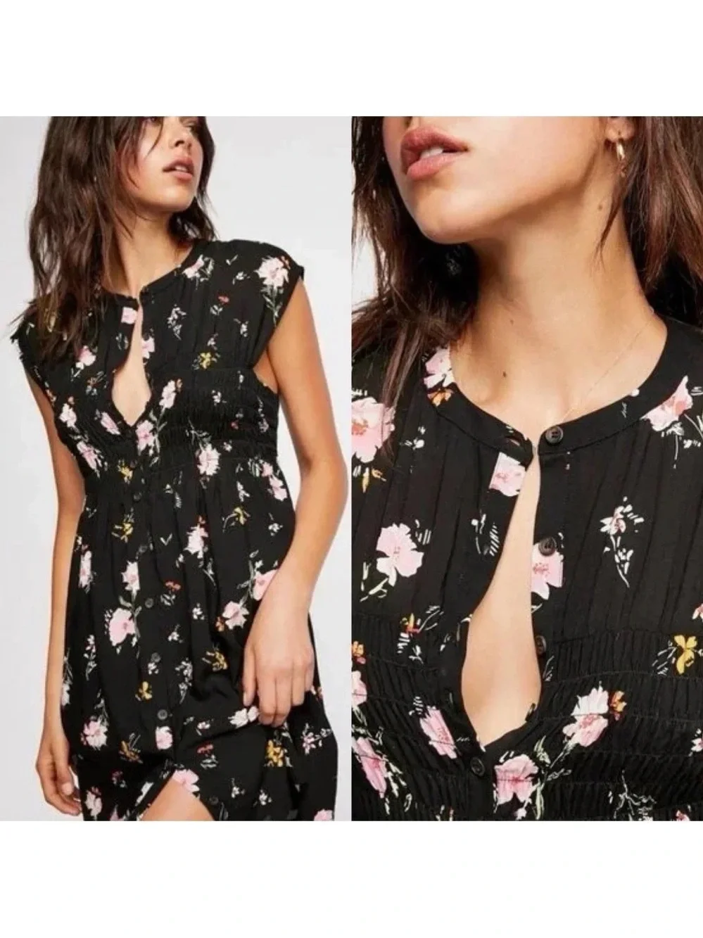 Free People Medium Greatest Day Black Floral Smocked Button Front Mini Dress